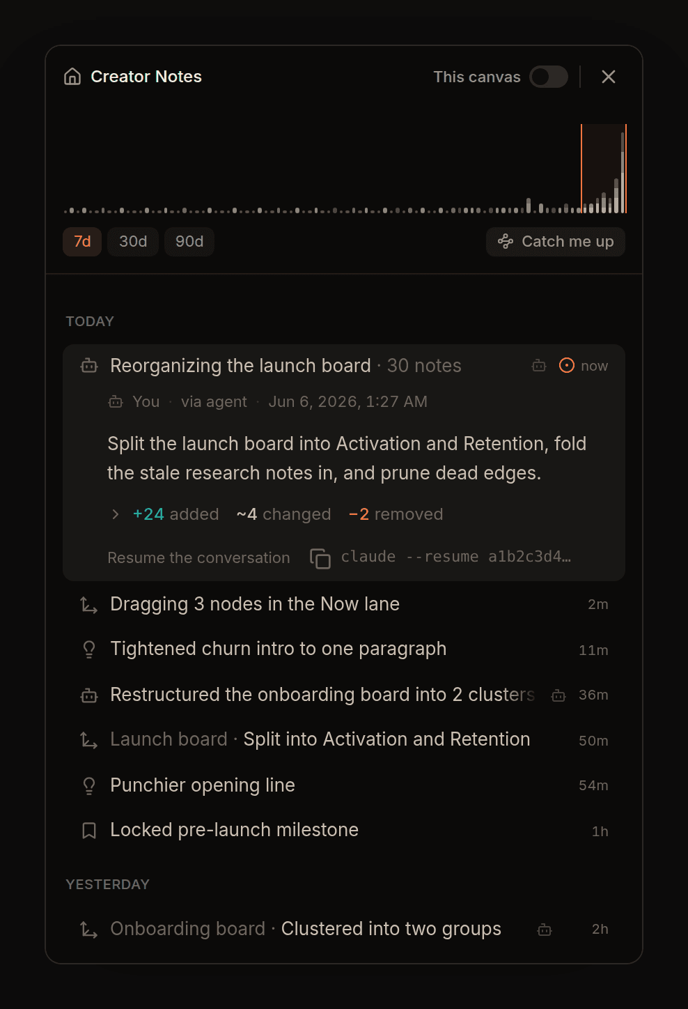 The Timeline panel with an in-progress agent run expanded, showing its intent and a tally of plus 24 added and 4 changed.