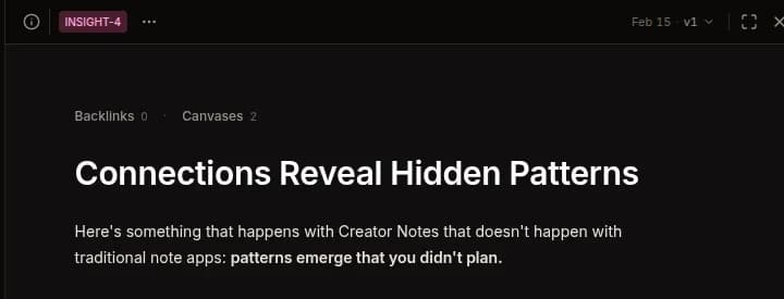 A CreatorNotes note editor: an Insight note titled 'Connections Reveal Hidden Patterns', with its type chip, version, and the number of canvases it lives on.