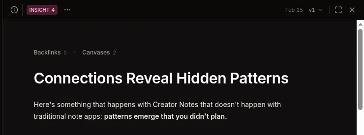 A CreatorNotes note editor: an Insight note titled 'Connections Reveal Hidden Patterns', with its type chip, version, and the number of canvases it lives on.